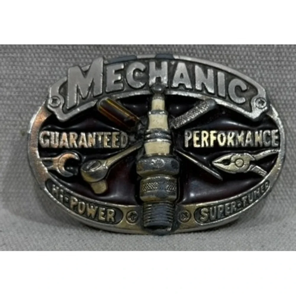 Vintage 1982 Mechanic Belt Buckle Spark Plug Tools Made in USA Pewter Tone 1353
